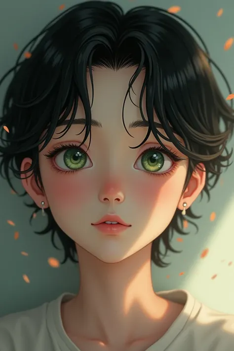 A young boy is a sweet-faced teenager with thin green eyes with black hair