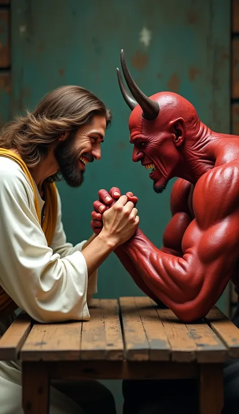 "Jesus Christ and the Devil engaged in an arm-wrestling match across a rustic table. Jesus, depicted with flowing hair, a serene expression, and a white robe with a golden sash, is calmly yet firmly holding his ground. The Devil, portrayed as a muscular, r...