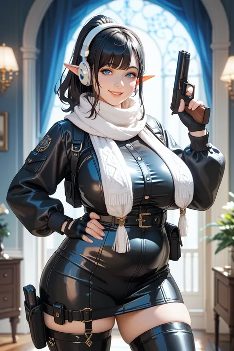 1girl, solo, mature,  huge breasts, curvy, wide hips, chubby ,black hair, blue eyes, bangs, white scarf,straight hair, ponytail, elf ears, medium hair, black bodysuit, black fingerless glove, white headphones, black
thigh high boots, holding gun, black lea...