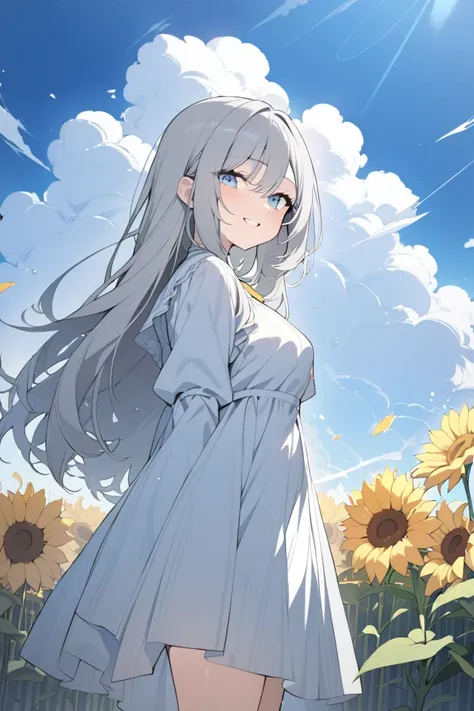  1 girl, masterpiece,  best quality, Standing with sunflowers,blue sky,Cumulonimbus, long hair, Gray Hair,  turning your gaze ,  smiles, Double teeth, 