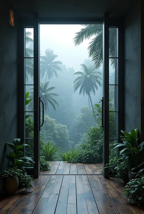 Professional 3D architecture rendering design of modern and minimal design. With a giagantic wide doorway opening, with windows open backwards, snow is getting into the room. Opening exposes a  thick tropical jungle, with foliage, big trees, dark blue modd...