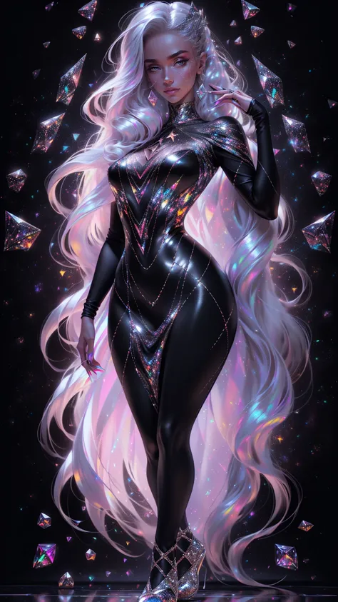 {-erro_de_anatomia:1.0} masterpiece, highest quality, (perfect face:1.1, (high detail)1.1, sweet stardust vampire , long soft white hair, opal eyes, perfectly drawn face, black dress, stars detailed background, prismatic lighting, glitter, whole body, walk...