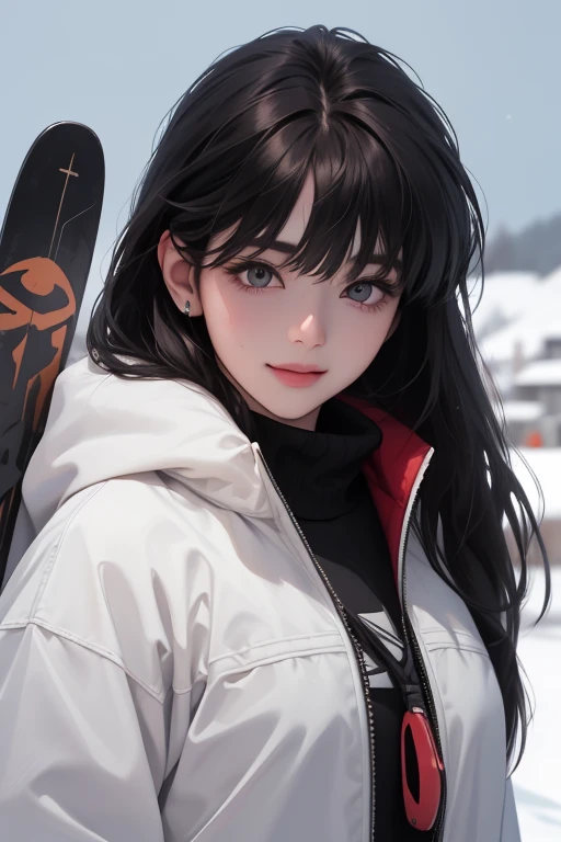 (below view) smile, ((upper body)) (((masterpiece)), best quality, 8K resolution, Semi-realistic, cinematic lighting, beautiful detailed eyes),cute, 1 woman,korean,25-year-old,((Blunt bangs)) medium straight hair, detailed clothes, winter, ((wearing a ski ...