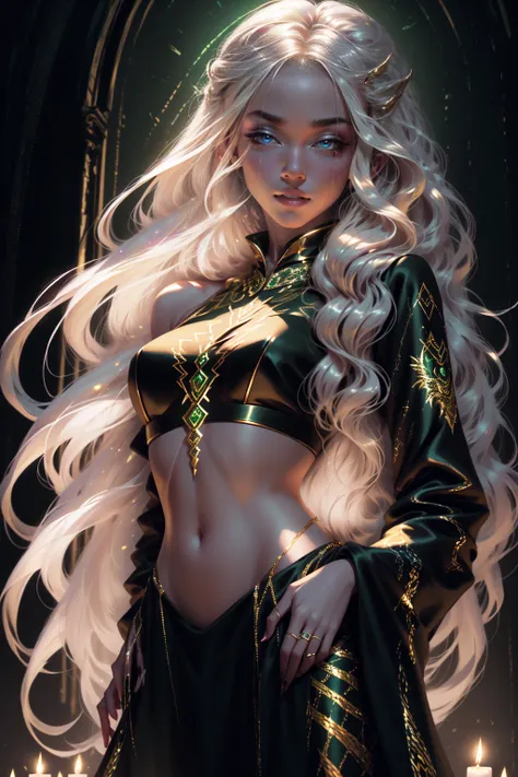 {-erro_de_anatomia:1.0} elf, she has very long hair, flowing white hair (waves) and pale, almost ethereal skin. Her eyes are a deep yellow, giving her an otherworldly appearance. She dresses in flowing robes of dark golden and green, often adorned with sym...