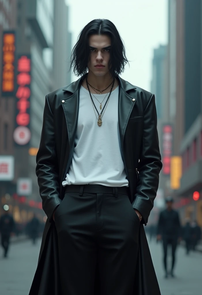 1 Ultra realistic strong Vampire man 24 years old, black hair half above the shoulders, 1.75 meters tall, medium height, with black  pants, white t-shirt, background a Day Futuristic Cyber ​​Gothic city, front photo , cinematic, Cannon EOS