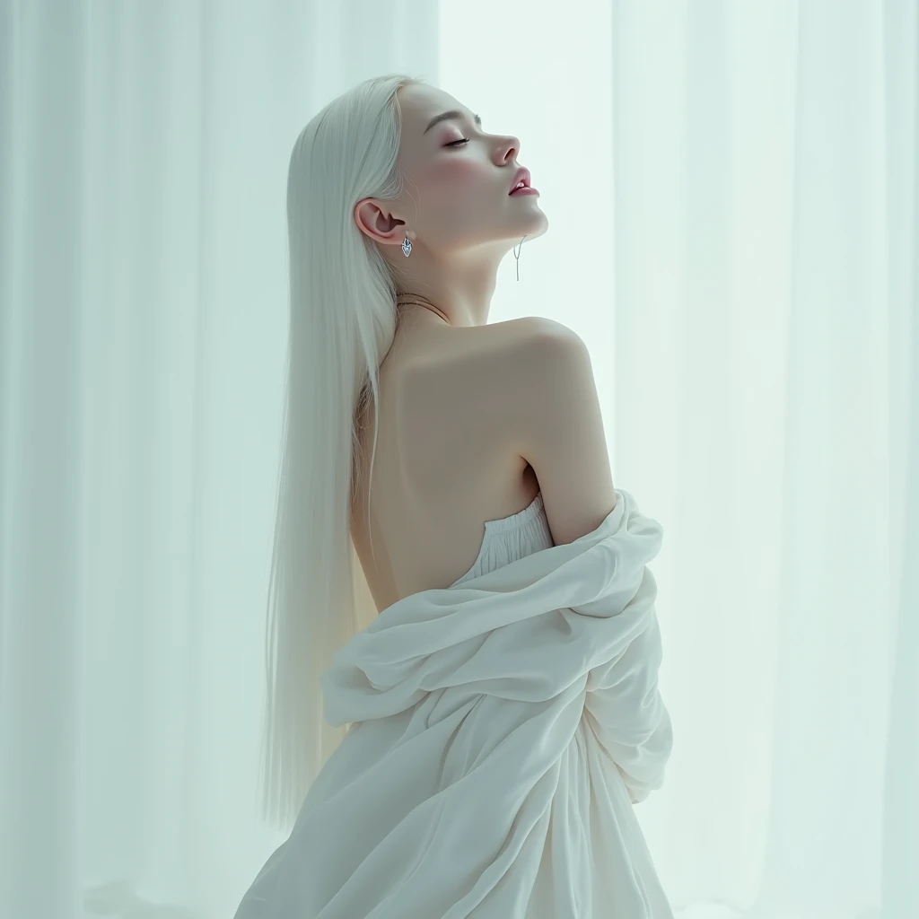 | A woman with long, straight white hair slicked back,| I want her without eyebrows in a very alternative setting,wearing a white silk dress,She gives a pose like She is hugging herself,| She will look up and a diamond tear will fall from her eyes,| I want...