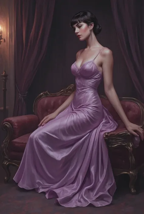 chiaroscuro technique on sensual illustration of an elegant queen (((short hair with bangs:1.4、Beautiful bangs) , vintage ,silky dress, matte painting, by John Singer Sargent, by Harumi Hironaka, extremely soft colors, dark vibrant, purple pastel, highly d...