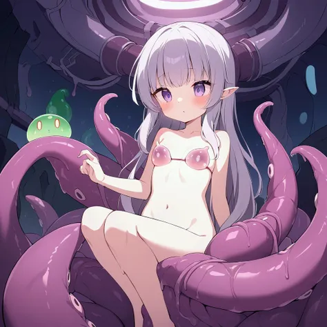 An entranced woman (cute, nude, age 20, mesmerized, slime bikini) is led into a slimy tentacle chamber on an alien space ship, there an alien doctor with many tentacles examines and probes her
