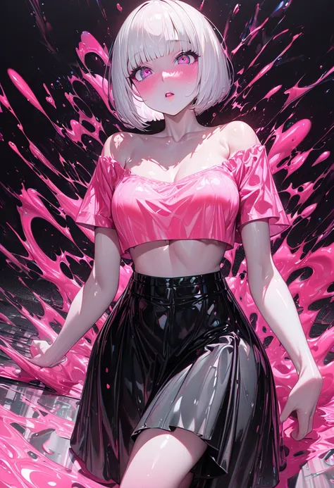 cute woman, white shiny silky short bob cut, make up, amorous and lewd expression, captivating eyes, superlative body proportion, wearing casual crop top and flared skirt outfit, background jet black room, huge pink heart shaped, fluorescent paint splashes...