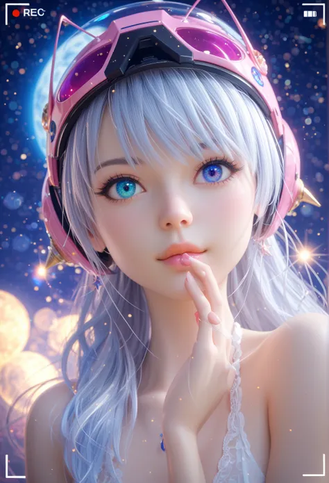 [Close-up of an improved masterpiece:1.5)0.9], (Space and astronauts:1.2) (Messy silver hair:1.1) (heterochromia: xanthochromia and blue eyes:1.2) (Space helmet:1.0) (Colourful stars in the eyes:2.0) (A radiant glow:1.1) (Thick lips:1.0) recording herself ...