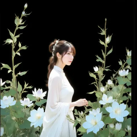 A hyper-realistic chinese ink wash shuimo-painting, featuring a beautiful east asian woman surrounded by natural green leaves and blue flowers. the woman is turning back and look at viewers.she is wearing a white elegat dress. The image uses inverted color...