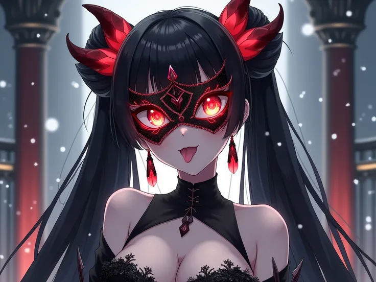 (masterpiece), best quality, perfect face, expressive eyes, TWE: (older Female, onee-sama, in her 20s), white skin, very tall, thin, athletic, fit, (very long black twintails:1.3, quadtails, fluffy bangs), (Black sparkling optic domino mask with elegant la...