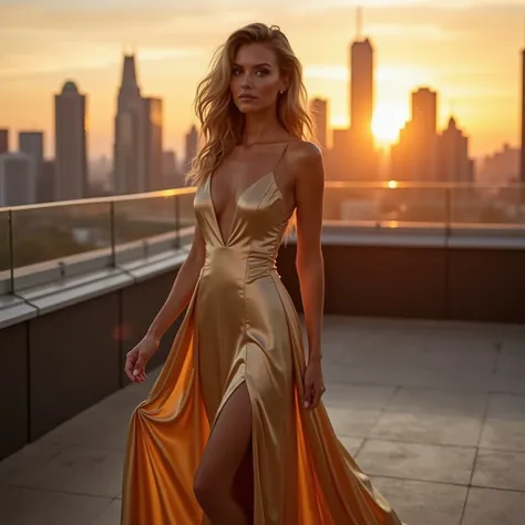 Setting: A luxurious rooftop at sunset with the city skyline in the background.
Styling: A flowing gold or champagne satin gown that catches the light. Soft waves in the hair and subtle makeup with warm tones.
Mood: Radiant, powerful, and graceful.