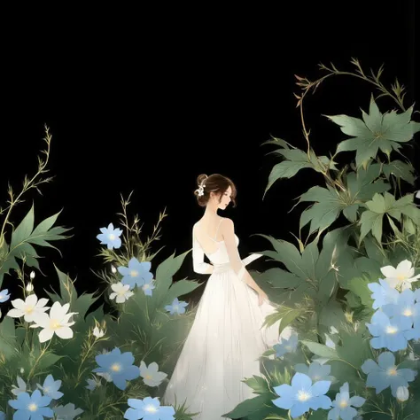 A hyper-realistic chinese ink wash shuimo-painting, featuring a beautiful east asian woman surrounded by natural green leaves and blue flowers. the woman is turning back and look at viewers.she is wearing a white elegat dress. The image uses inverted color...