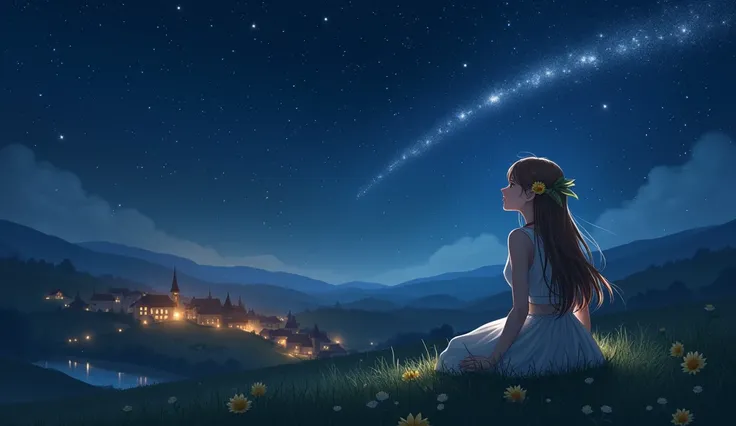 A peaceful village under a starry sky, with Lila sitting on a grassy hill. She has a sunflower tucked in her hair, wearing a simple yet charming dress. Her face glows with wonder as she watches a bright star falling, leaving a sparkling trail in the dark s...