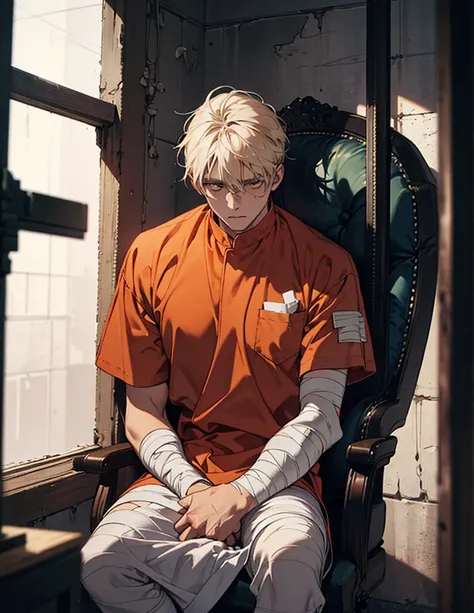  a man，The head is completely covered by a bandage, and the organs of the head are all bandaged， wearing an orange prison uniform， sitting cross-legged in a prison bed 