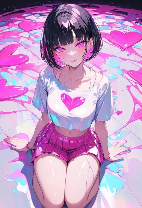 cute woman, white shiny silky short bob cut, make up, amorous and lewd expression, captivating eyes, superlative body proportion, wearing casual crop top and flared skirt outfit, background jet black room, huge pink heart shaped, fluorescent paint splashes...