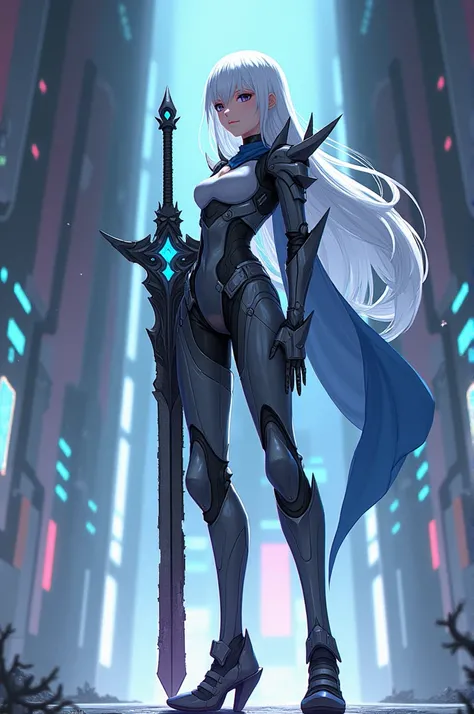 A tall young white-haired girl ,  in futuristic armor and armed with a demonic sword. in anime style. 