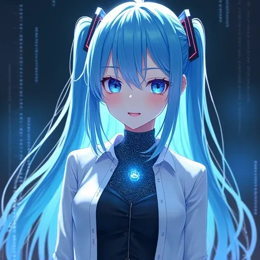 ((masterpiece)), (best quality), (detailed), (1girl), (inner data stream) light blue gradient hair, light blue glowing eyes, straight hair, wearing a modern white shirt and black dress, covered by data particles, locked around the neck, Anime, 