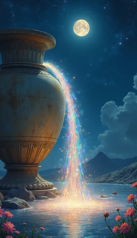 Ancient Greek Jar of Flowing Stardust

Perspective: Low-angle view, emphasizing the grandeur of the ancient jar against a starry sky.

Subject: A large, beautifully ornate Greek jar pouring out a stream of glowing, magical water.

Medium: Digital painting....