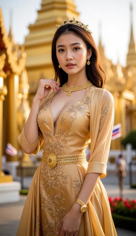 A Thai woman wearing a traditional Thai Siwalai dress made of luxurious gold silk with intricate floral embroidery, featuring a fitted bodice, a long skirt, and a delicately draped shawl (sabai). She is adorned with traditional Thai jewelry, including gold...