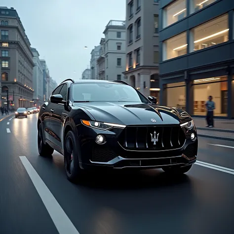 The 2019 Maserati Levante Trofeo in dark black rides through the modern center in Berlin,  the sky is cloudy 