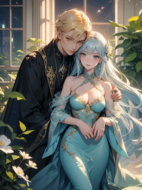  perfect composition on the board。 angle from below。Portrait of two men and women 。 in the greenhouse at night when blue roses are in full bloom、 they are majestic and graceful 。 theyre both 25 years old and 、They have grown up 、 they have one man and one ...