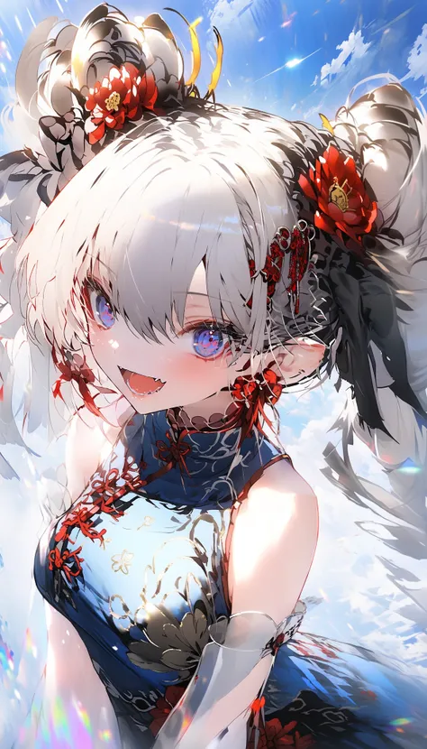 1girl, solo, sexy girl, long hair, looking at viewer, smile, open mouth, hair ornament, hair between eyes, bare shoulders, twintails, Floating hair, medium breasts, cowboy shot, grey hair, hair ribbon, :d, detached sleeves, hair flower, hair bun, sleeveles...