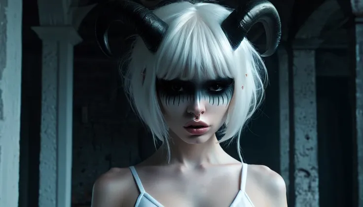 (Best Quality,hight resolution,Masterpiece, full body view:1.2),Ultra-detailed,demon woman with horns,dressed in black hoodie and white panties,sickly,standing in a horror sci fi scenario,horror sci fi aesthetic,gloomy ecstasy,fetish,dark gloomy atmosphere...