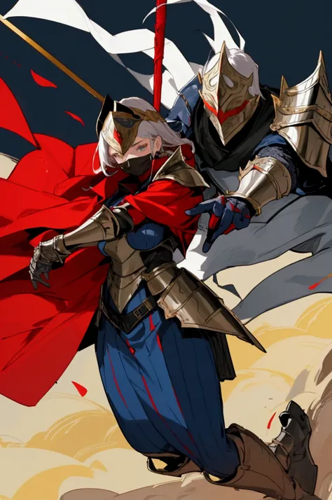 You have a man and a woman wearing .  armor and combat-related clothing as well as weapons and masks .  Q both are full body the armor is in shades of red and navy blue. with silver or gold details.