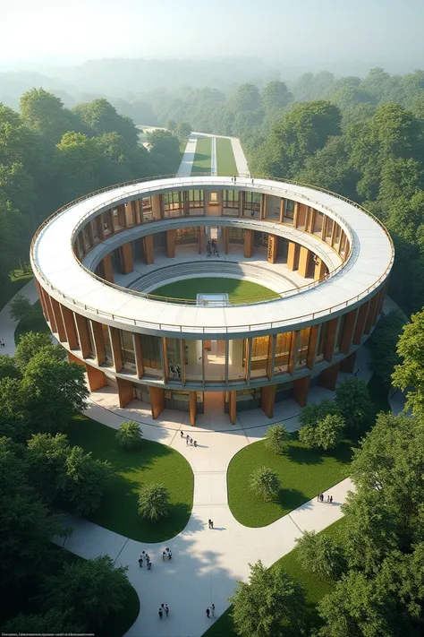 Create for me a picture of a circular educational building consisting of two floors