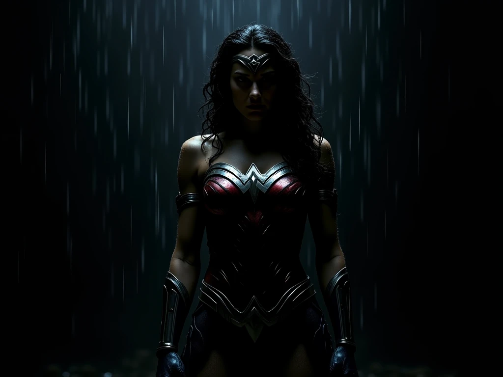 A hyper-realistic, cinematic silhouette of Wonder Woman, motionless in complete darkness, facing directly forward in an American shot (cut at the thighs). She wears sleek, form-fitting armor with intricate metallic details. Her posture is strong, determine...