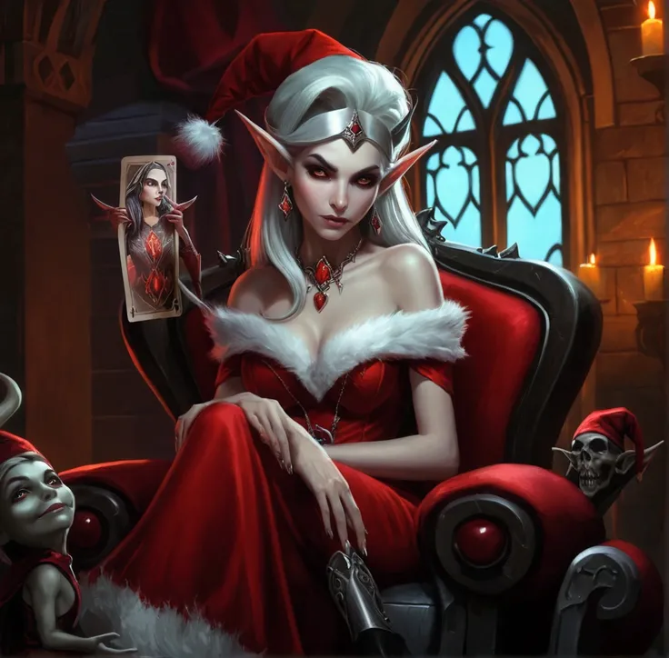 there is a woman in a red dress sitting on a red chair, of an evil elf, elf girl, dark elf princess, in style of anne stokes, vampire of clan lasombra, elves sitting on the couch, hearthstone card game artwork. ”, elves, female elf, elf queen, beautiful da...