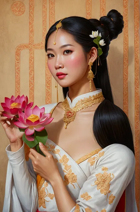 a close up of a woman holding a flower in her hand, in style of lam manh, fanart, traditional art, beautiful thai woman, traditional beauty, sukhothai costume, inspired by Jin Nong, ao dai, beautiful young Thai woman, traditional Thai dress with lotus flor...