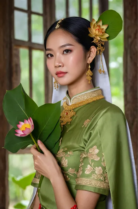 a close up of a woman holding a flower in her hand, in style of lam manh, fanart, traditional art, beautiful thai woman, traditional beauty, sukhothai costume, inspired by Jin Nong, ao dai, beautiful young Thai woman, traditional Thai dress with lotus flor...