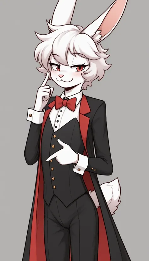   best quality ,   very detailed illustration  ,(  Anthropomorphic fluffy rabbit boy :1,7),   tousled fluffy hair   ,  cunning look ,  alluring playful look    , Slim,   perfect body , Cute, Smug knots , magician clothes 