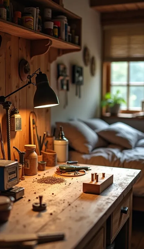 Photo of a bedroom where there is a workbench and on the table there is a lot of wood and wood filings and tools and wood pegs and a photo from the angle of the workbench and its fixtures and across the bed 