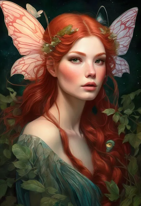 a painting of a woman with red hair and a fairy costume, portrait of fairy, portrait of a fairy, re-raphaelite fairies, beautiful fairie, beautiful fairy, beautiful fairies, fantasy art, fantasy woman, faerie, beautiful faery sorceress, beautiful fantasy a...