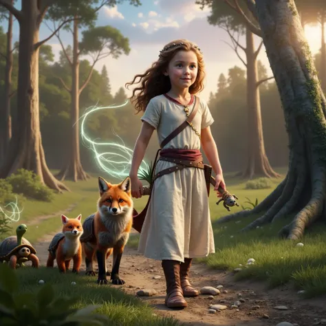 A brilliant explosion of light radiates from Elara, the young girl in the picture and her companions, The fox, turtle, and pixie piercing through the Shadow Weaver’s darkness. The shadowy tendrils disintegrate as the light spreads across the forest