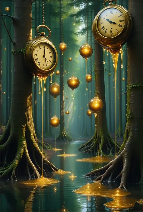  A forest with floating trees whose roots are suspended in the air, surrounded by floating spheres of light . between the trees,  huge melted clocks hang from branches ,  dripping a golden liquid that forms shiny puddles in the air .