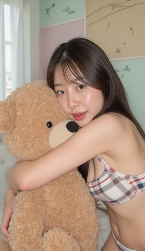 Asian woman wearing a light-colored, plaid-patterned bra and matching bottom is hugging a large, plush teddy bear, smiling softly at the camera. Her arm wraps around the teddy bear in a warm, affectionate pose, creating a cozy and intimate atmosphere. The ...