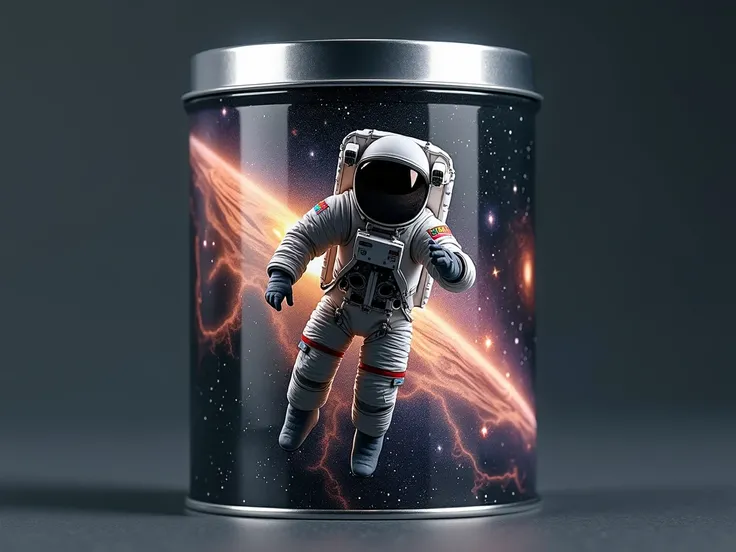 label for a tin container with an astronaut or galaxy theme 