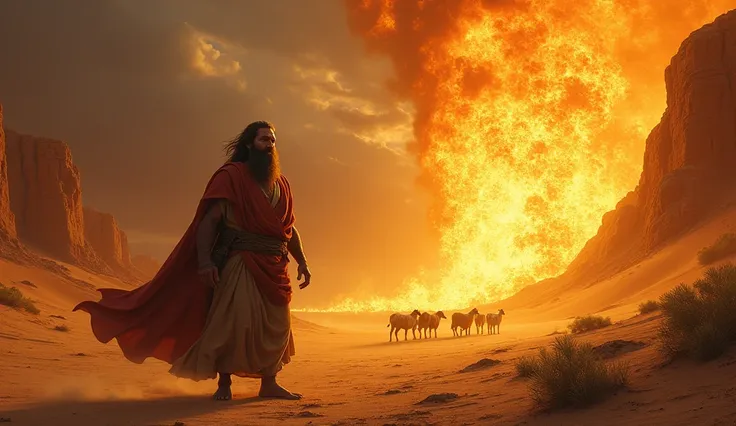 Image of Moses in the desert,  seeing the burning bush and being called by God.
More real