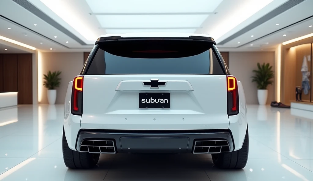 A luxurious 2025 Chevrolet suburban with a sleek futuristic design, shown from the back view in a modern, elegant showroom. The environment is brightly illuminated with white ambient lighting, polished floors, and refined interior décor. The car features a...