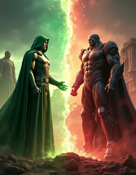 A digitally created image split vertically. On the left, Doctor Doom, the supreme ruler of Latveria from Marvel Comics, stands in his iconic armor, an intimidating blend of technology and sorcery. His emerald green cloak billows around him, and his metal-c...