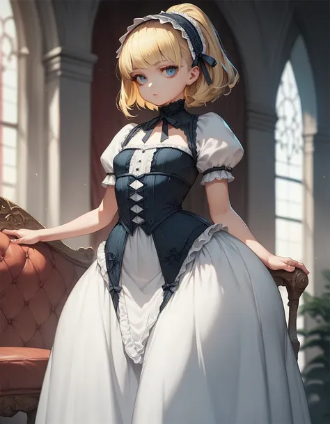 (masterpiece), best quality, expressive eyes, perfect face, 1girl, (((massive hips))), (((small breasts))), blonde hair, medium hair, ponytail, blue eyes, dress, female focus, frills, gothic lolita, hairband, indoors, lolita fashion, looking at viewer, sol...