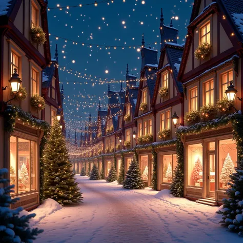 A stunning European village at night adorned with exquisite Christmas decorations,  showing charming architecture and twinkling lights that create a magical Christmas atmosphere .  An elegant department store shows elegant home interiors in its beautifully...