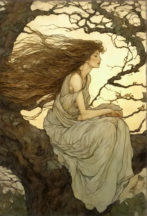 arafed woman sitting on a tree branch with her hair blowing in the wind, by Rebecca Guay, arthur rackham art, inspired by charles vess, charles vess. high detail, moebius and mohrbacher, by Audrey Kawasaki, arthur rackham and milo manara, by charles vess, ...