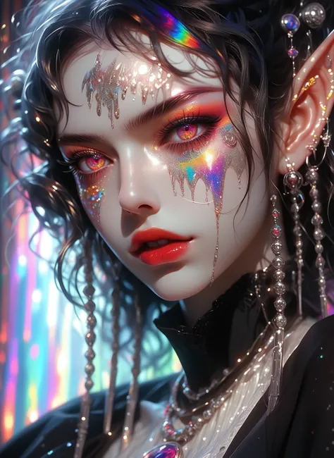 ((memo)), in the style of cranberrycore, dark and chaotic, fairy kei, manticore, gothic dark intensity, emphasis on facial expression, vanitas, a hyper-realistic and ultra-detailed photo of a beautiful girl, ultra-realistic, th3rm4l, colorful, perfect eyes...