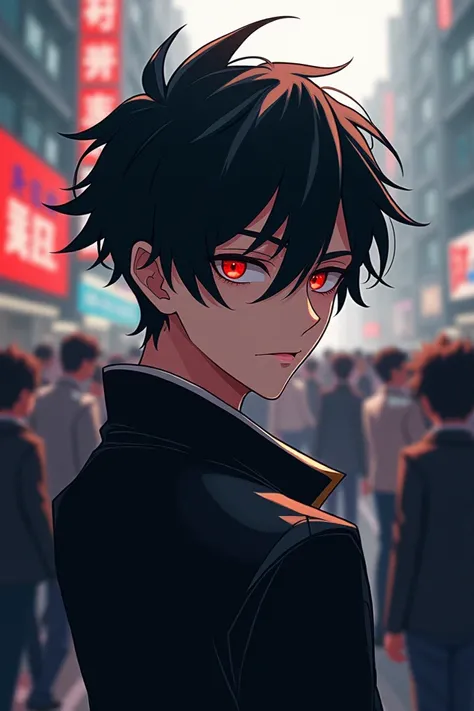 Black-haired anime boy with red eyes stands out from the crowd